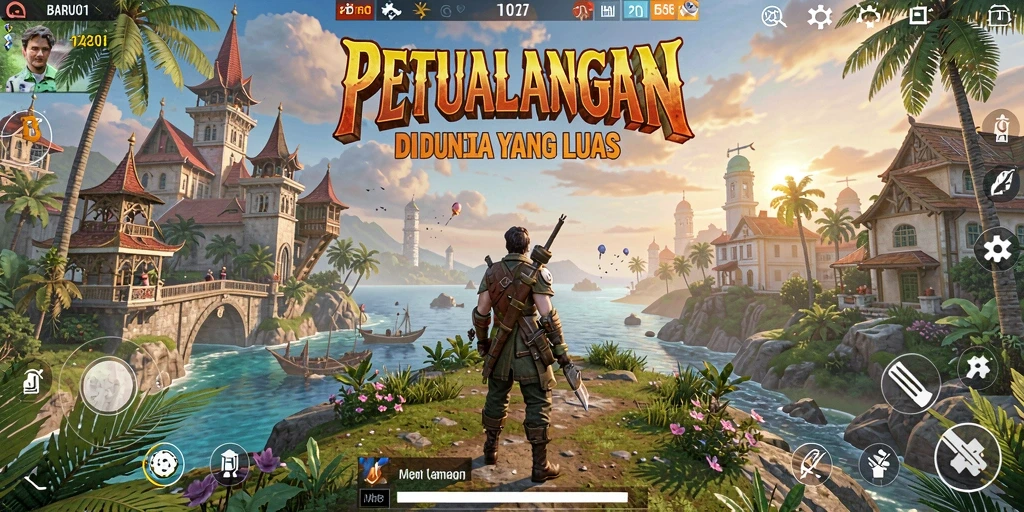 Screenshot gameplay BARU01 di dunia terbuka yang luas.