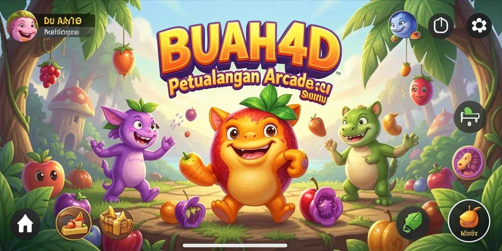 Tangkapan layar gameplay BUAH4D menampilkan suasana arcade yang ceria dan penuh warna.