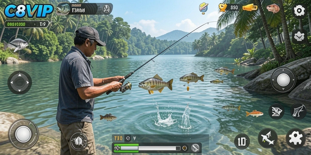 Tampilan gameplay C8VIP menampilkan pengalaman memancing yang seru dan menantang.