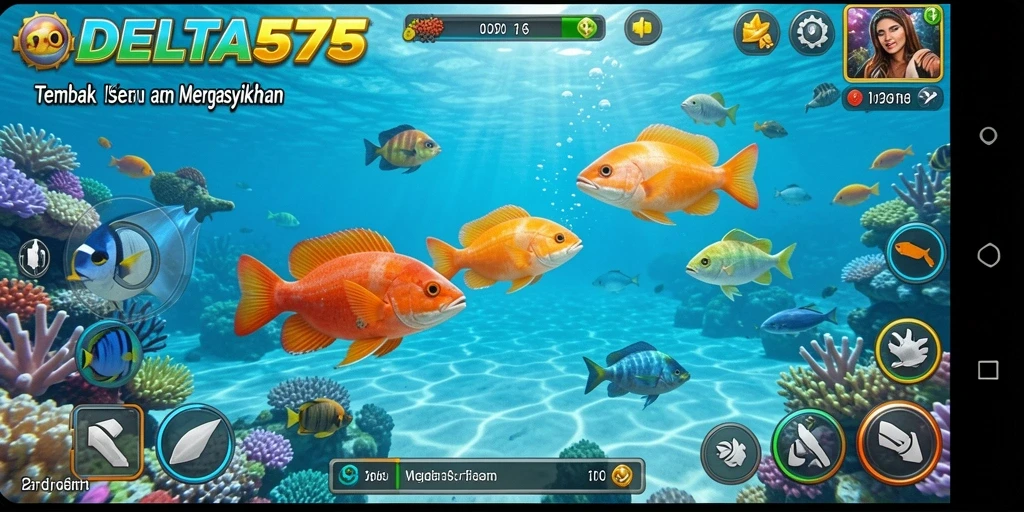 Screenshot gameplay DELTA575 menunjukkan aksi seru dalam menembak ikan.