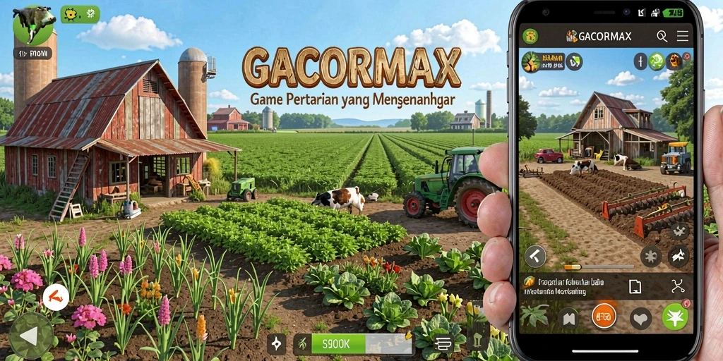 Tampilan gameplay GACORMAX dengan ladang yang subur dan hewan ternak.