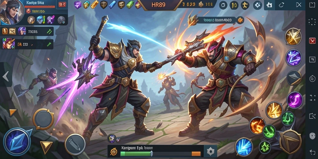 Screenshot permainan HR89 menampilkan aksi seru dalam pertempuran tim MOBA.