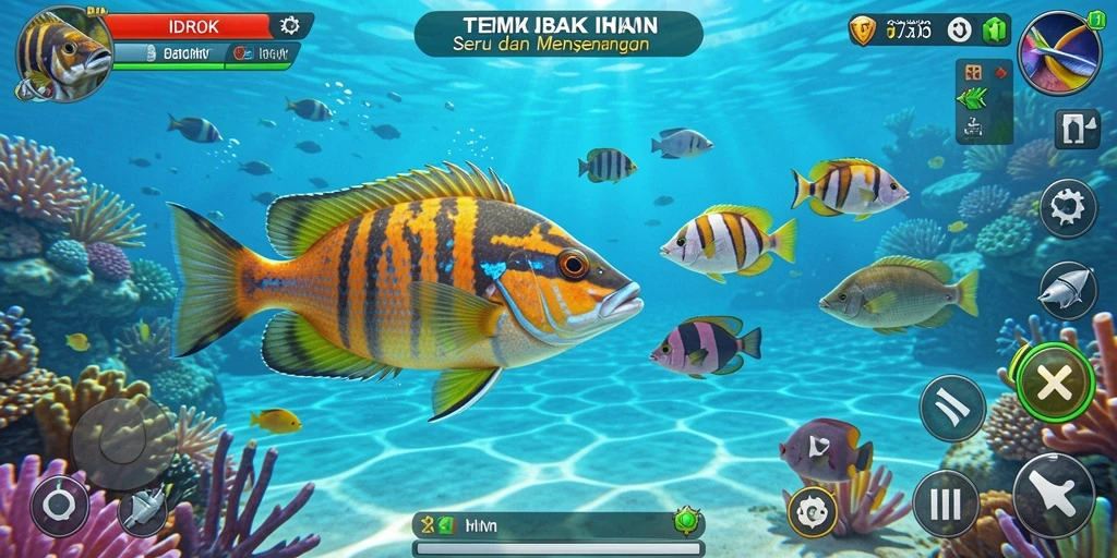 Tampilan gameplay seru dalam IDROK saat menembak ikan di laut.