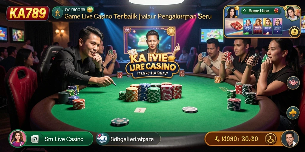 Tangkapan layar KA789 menampilkan dealer langsung dan suasana kasino yang menegangkan.