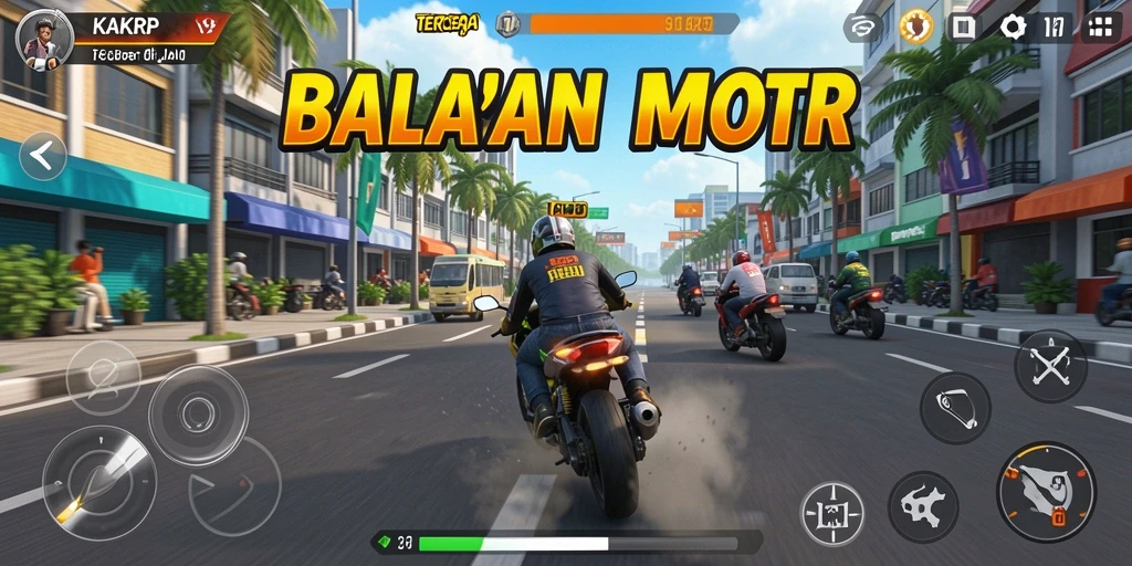 Screenshot menunjukkan aksi balapan motor yang menegangkan di KAKRP.