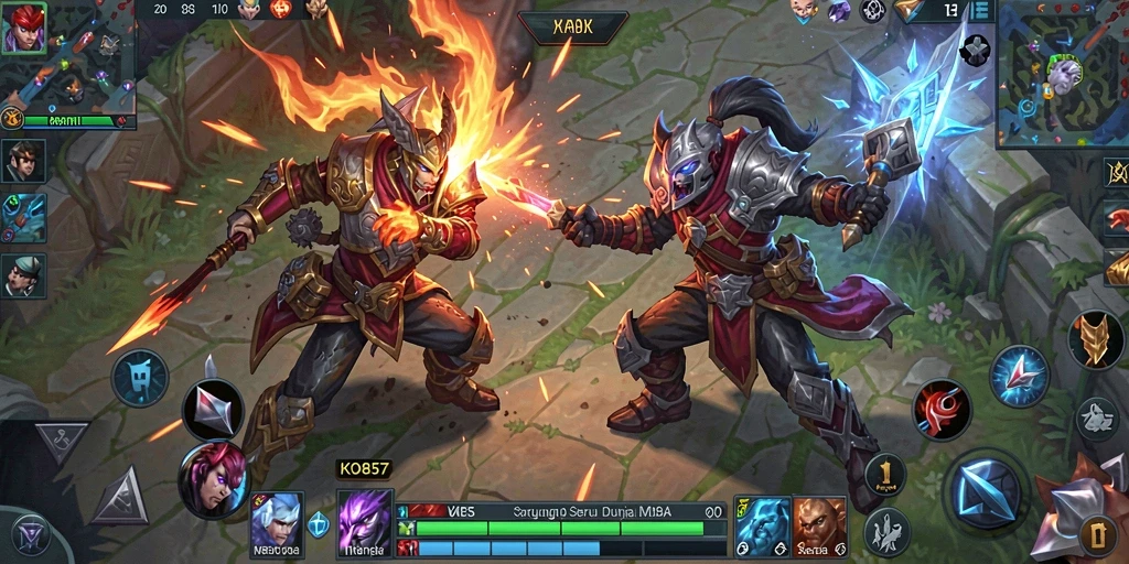 Tangkapan layar gameplay KO857 menunjukkan pertempuran epik di arena MOBA.