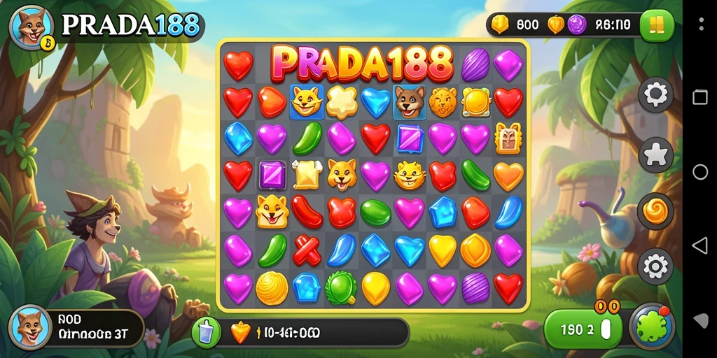 Tampilan menarik gameplay Match-3 PRADA188 yang penuh warna.