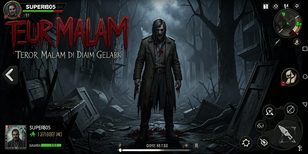 Screenshot utama SUPER805 menunjukkan adegan menegangkan penuh kegelapan.