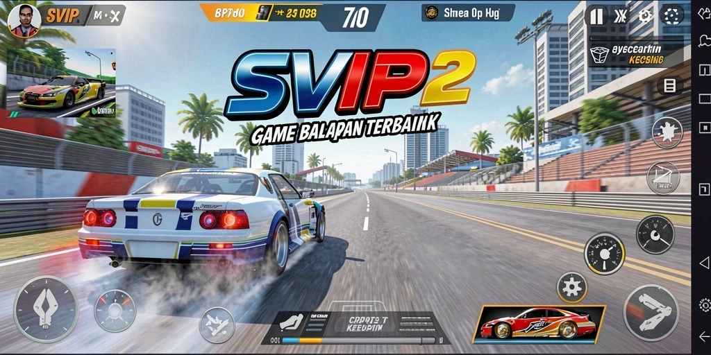 Gameplay seru SVIP2 dengan mobil balap yang cepat.