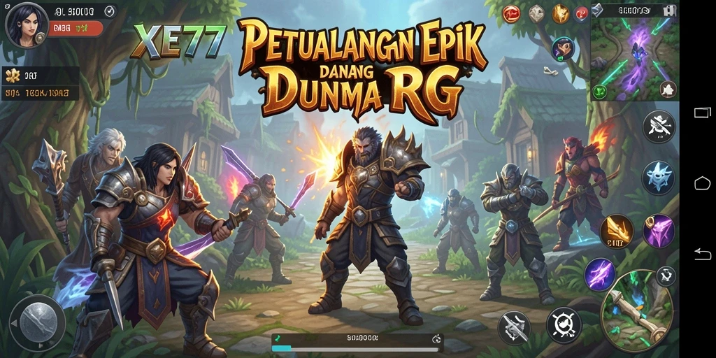 Screenshot permainan XE77 menunjukkan pertarungan epik dan karakter yang menarik.